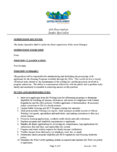 ‌Intake Specialist Job Description | Gainesville Housing Authority